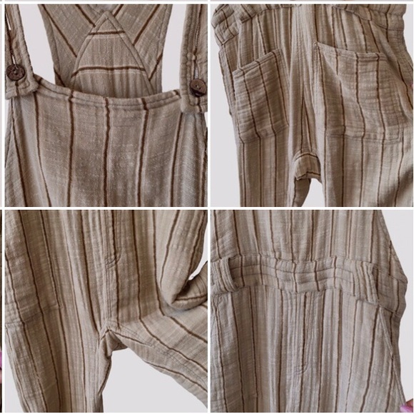 FREE PEOPLE -ONE BALLAST STRIPED GAUZE COTTON HOBO DISTRESSED OVERALLS J… - Picture 6 of 16